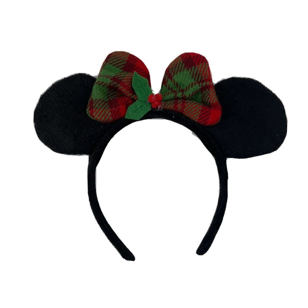 Disney Minnie Mouse Ears Christmas Holiday Holly Plaid Bow Adult OS Handmade